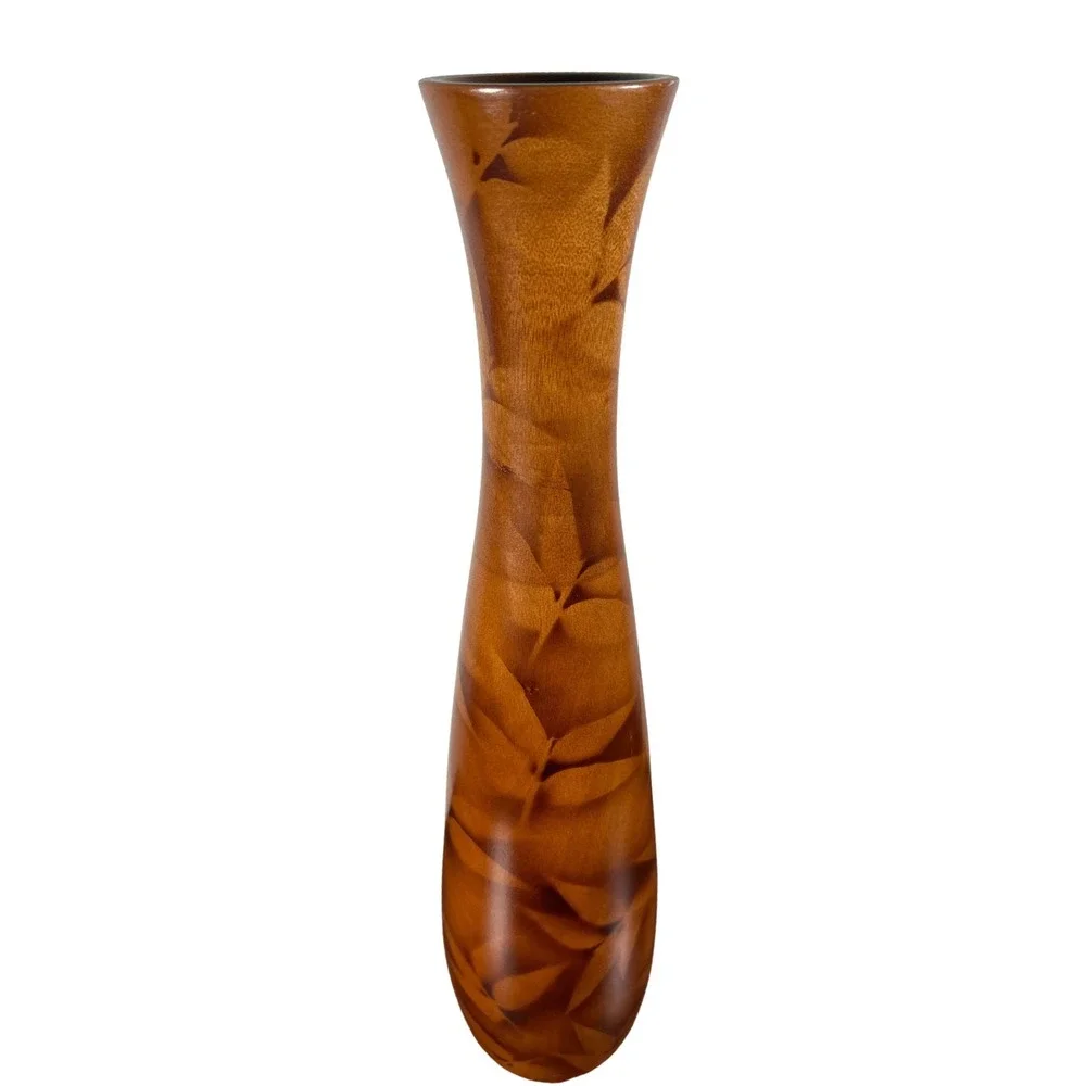 Vase Handcrafted Thai Wood Leaf Pattern Tapered Decorative Tabletop Floor Brown